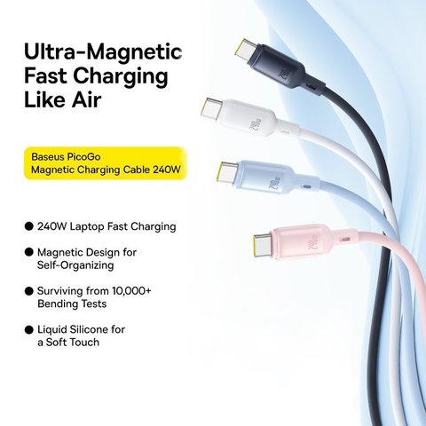 USB кабель Baseus PicoGo, 2xUSB тип-C, 100 см, 240 Вт, білий, силіконовий, магнітний, #P10376800211-00 Прев'ю 3
